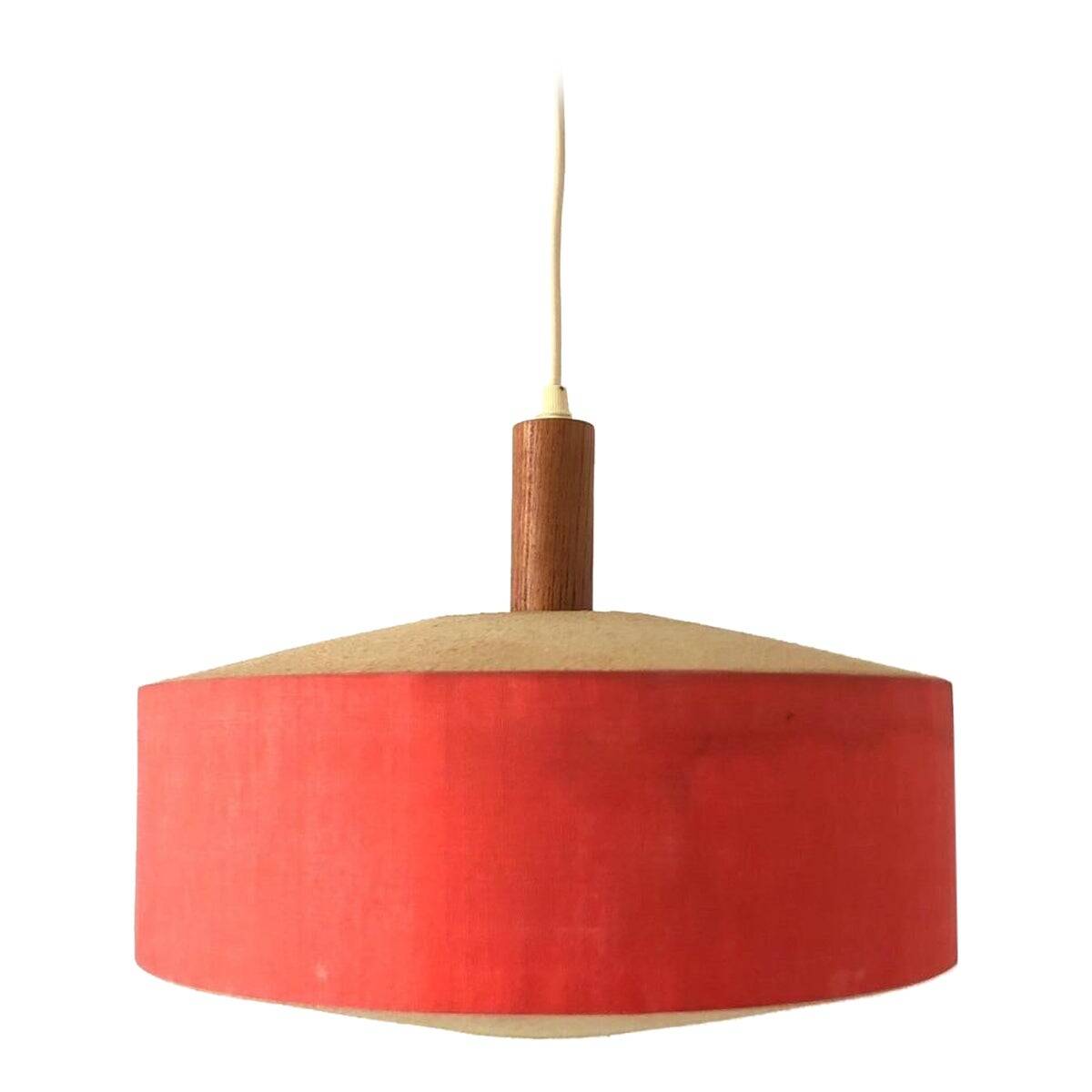 Red fabric ceiling light with textured plexiglass shade by Temde, 1960s, Germany.