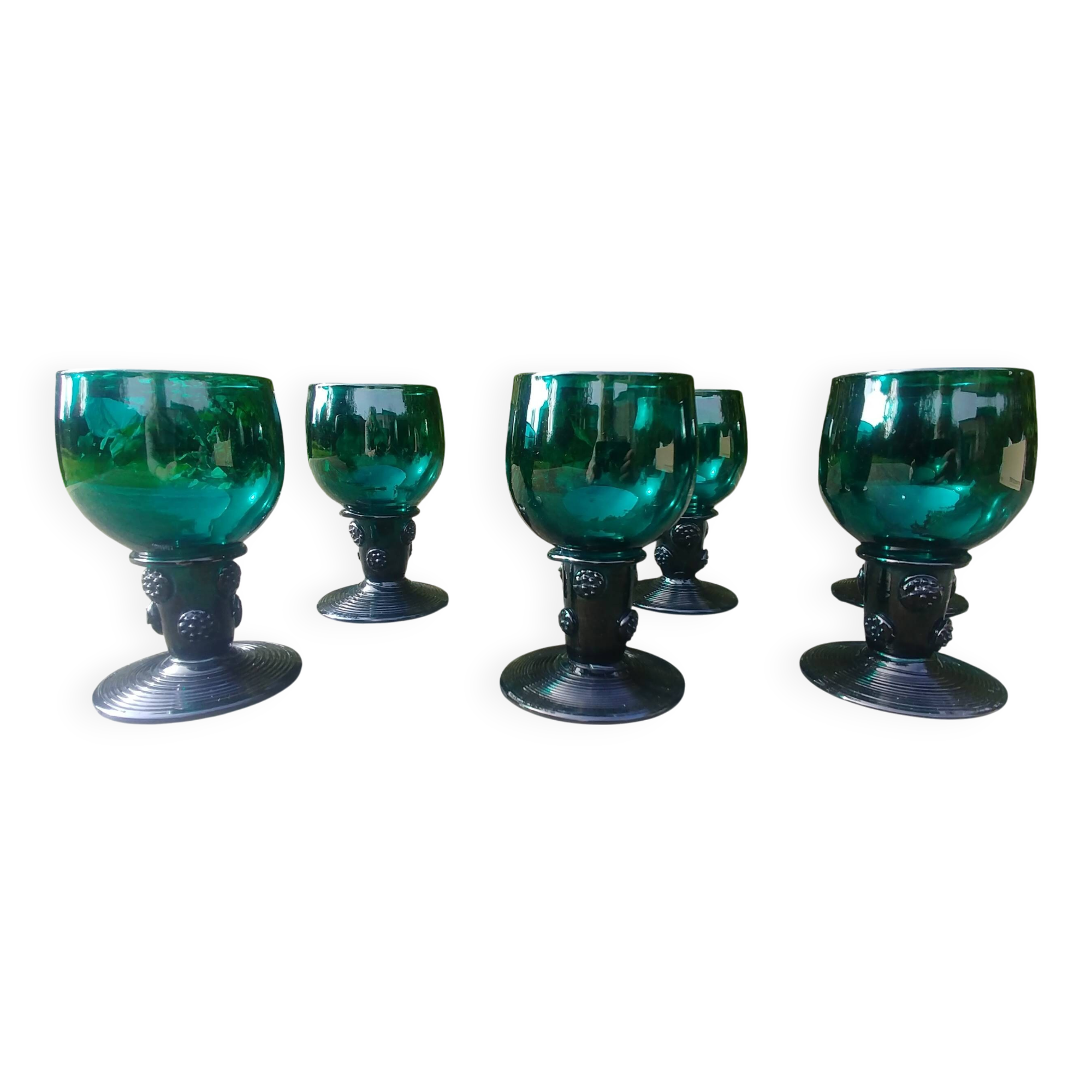 Six Roemer glasses in green blown crystal with "pastilles" decoration