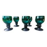 Six Roemer glasses in green blown crystal with "pastilles" decoration