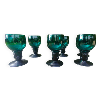 Six Roemer glasses in green blown crystal with "pastilles" decoration