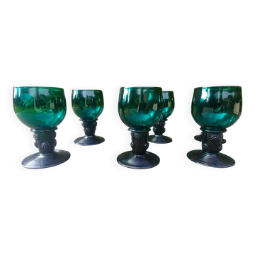 Six Roemer glasses in green blown crystal with "pastilles" decoration