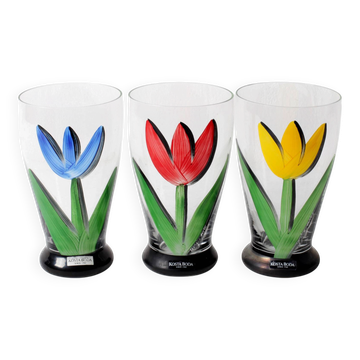 Set of 3 Tulip Crystal Glasses / Red, Yellow, Blue / Ulrica Hydman Vallien