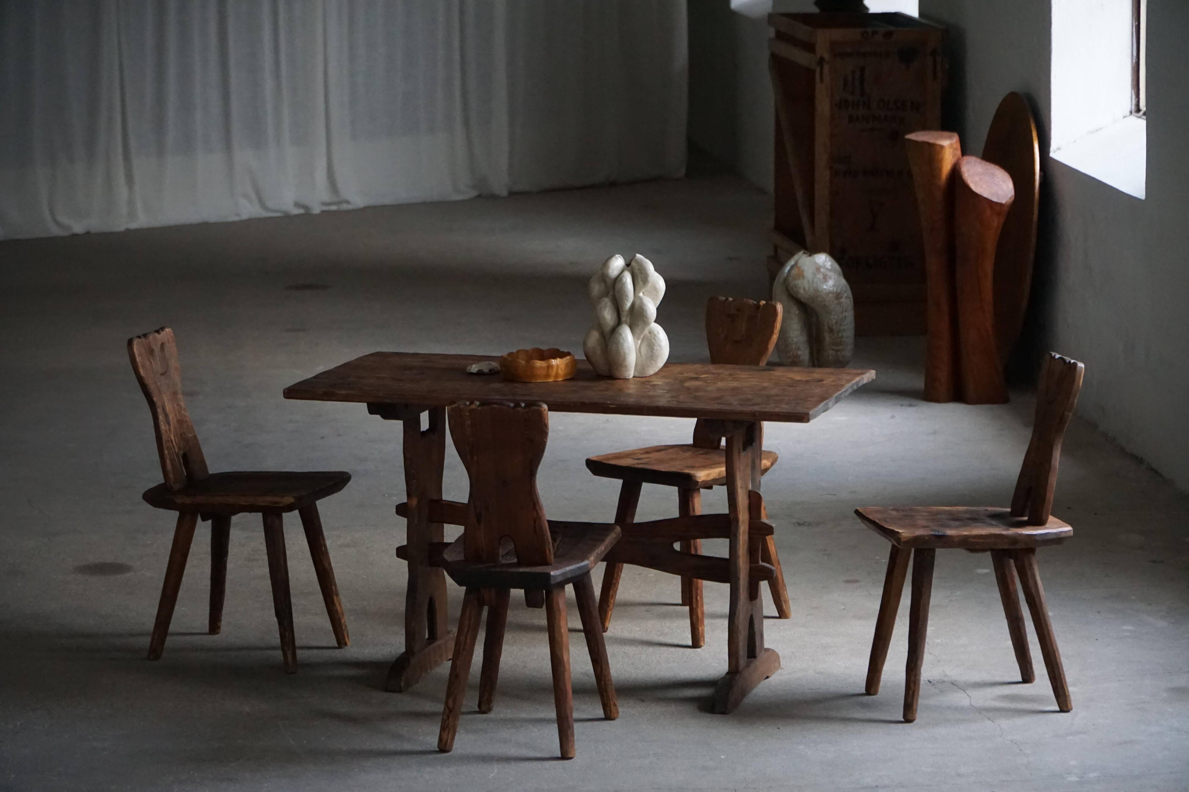 Mid-century Swedish ensemble, set of 4 "Sports Cabin" chairs handmade in pine, 1940s.
