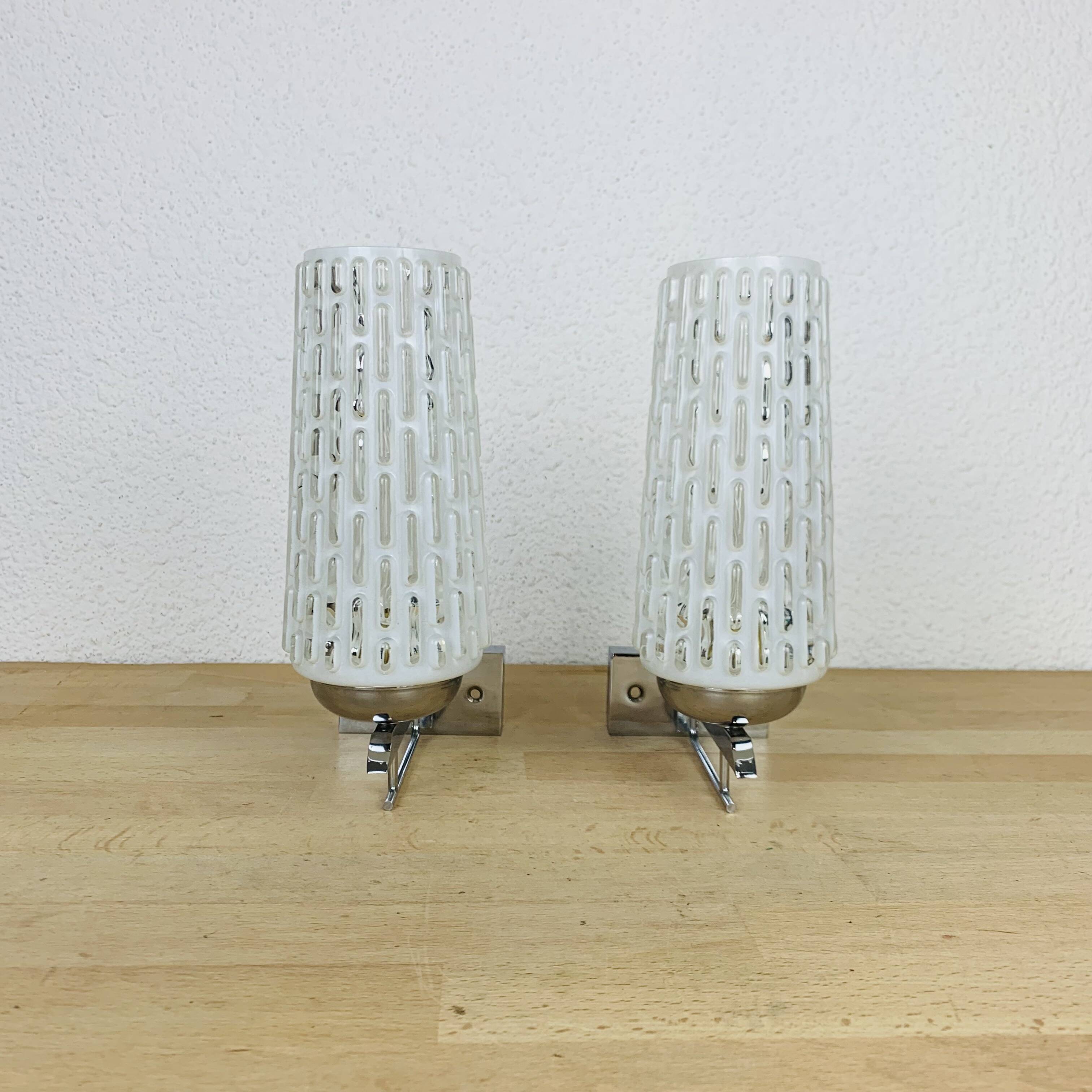 Pair of chrome metal wall lights and opaline tulips from the 70s