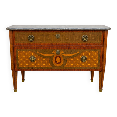 Commode de style Louis XVI en marqueterie, XXᵉ siècle – Plateau de mar