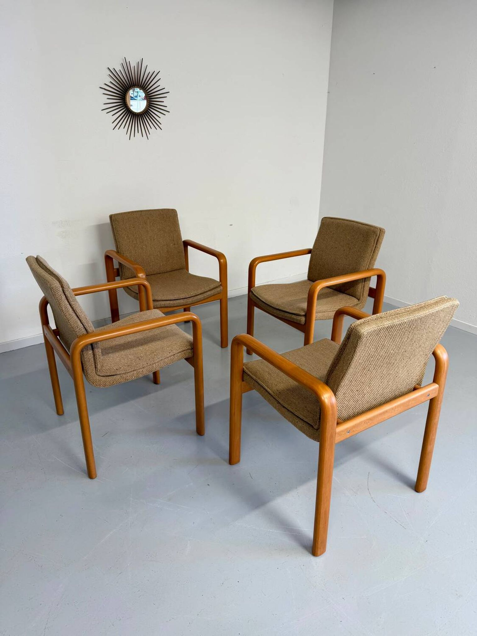 4 armchairs with armrests in beech and fabric, 1970s vintage design.