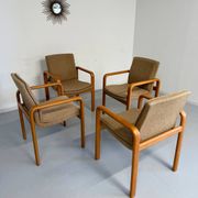 4 armchairs with armrests in beech and fabric, 1970s vintage design.