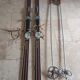 Old skis wooden and its pair of sticks