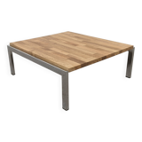 Coffee table, end table in chromed metal and wood, 70s-80s