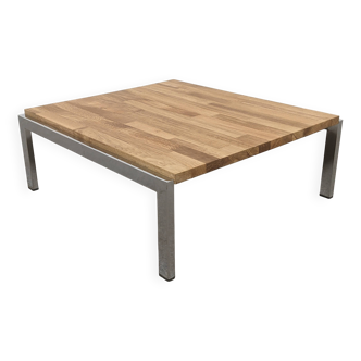 Coffee table, end table in chromed metal and wood, 70s-80s