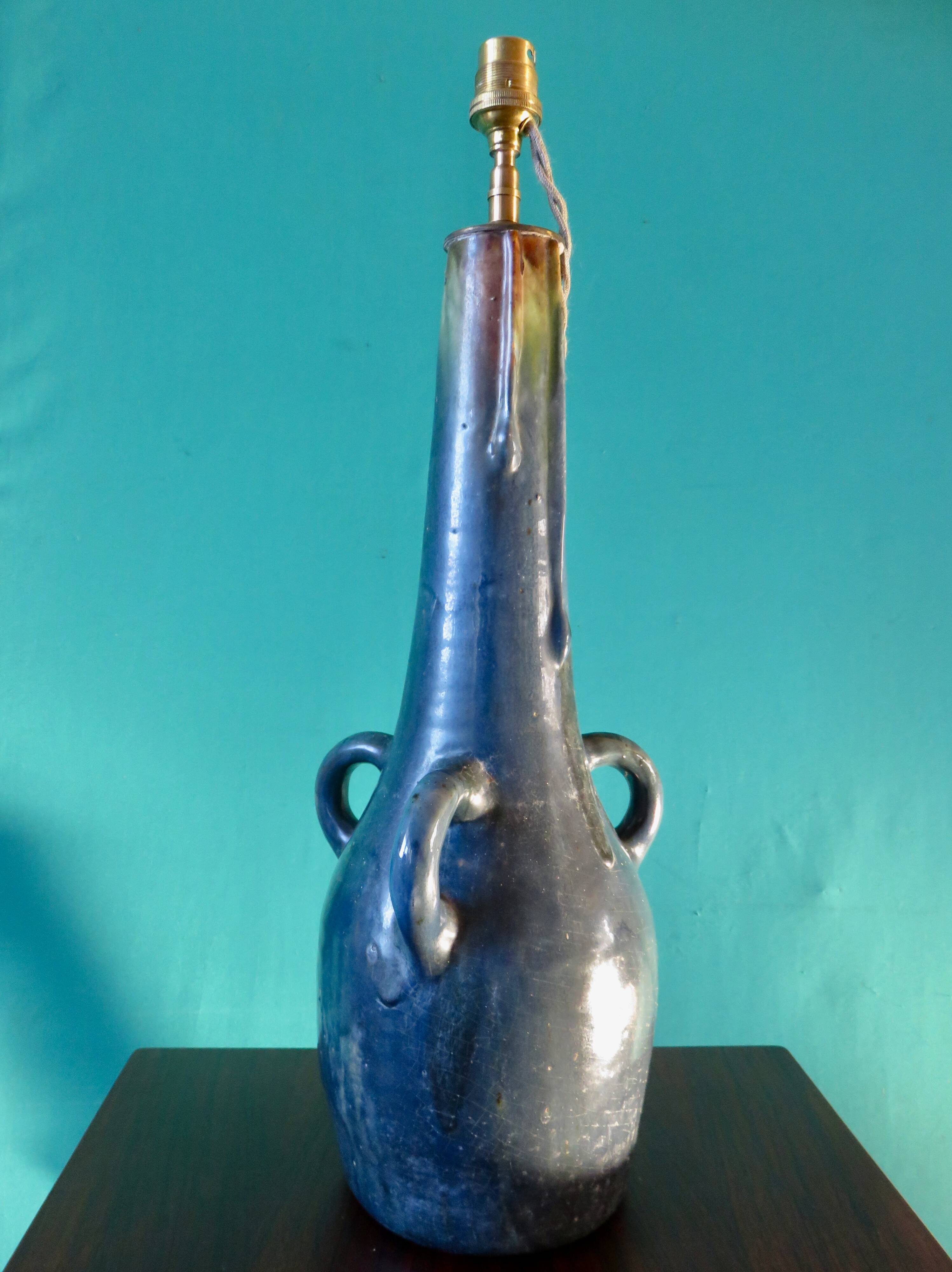 Tall Art Nouveau stoneware table lamp with three handles. France, 1920