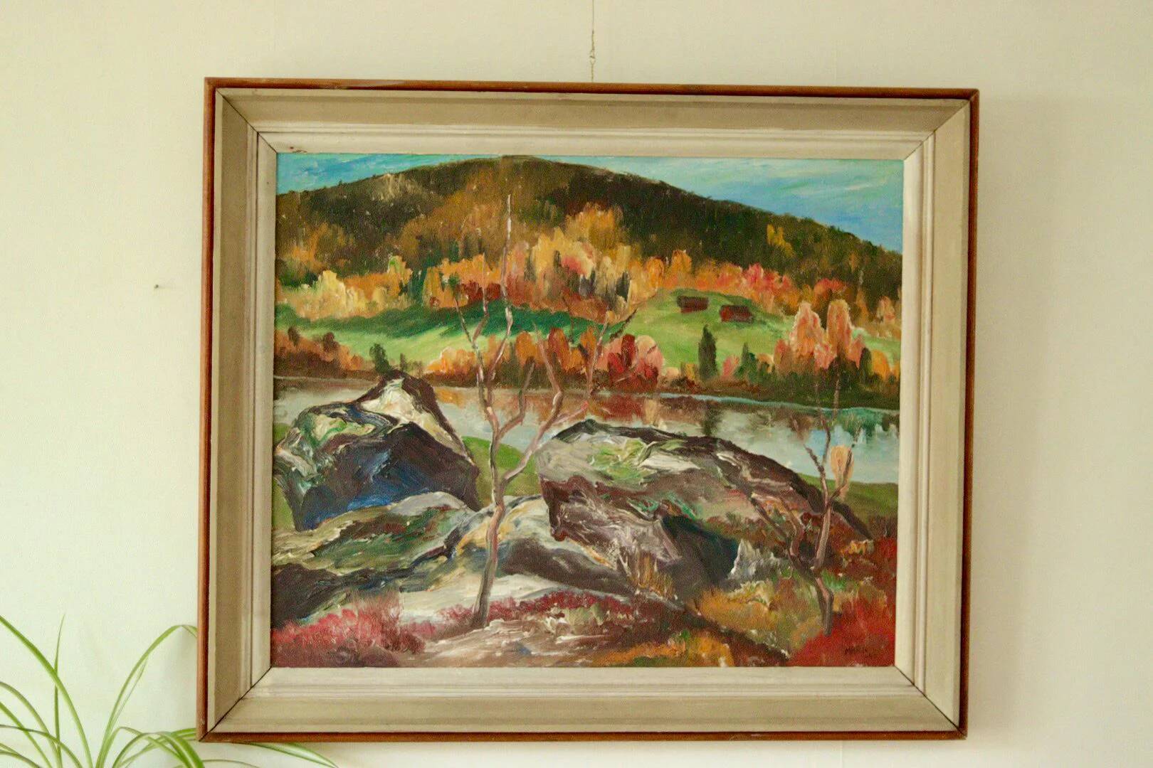 Original mid-century oil painting on Swedish canvas "Autumn Day Järvsö"