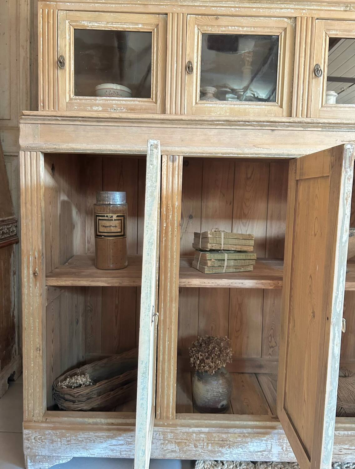 Old wooden grocery store cabinet, display cases and drawers