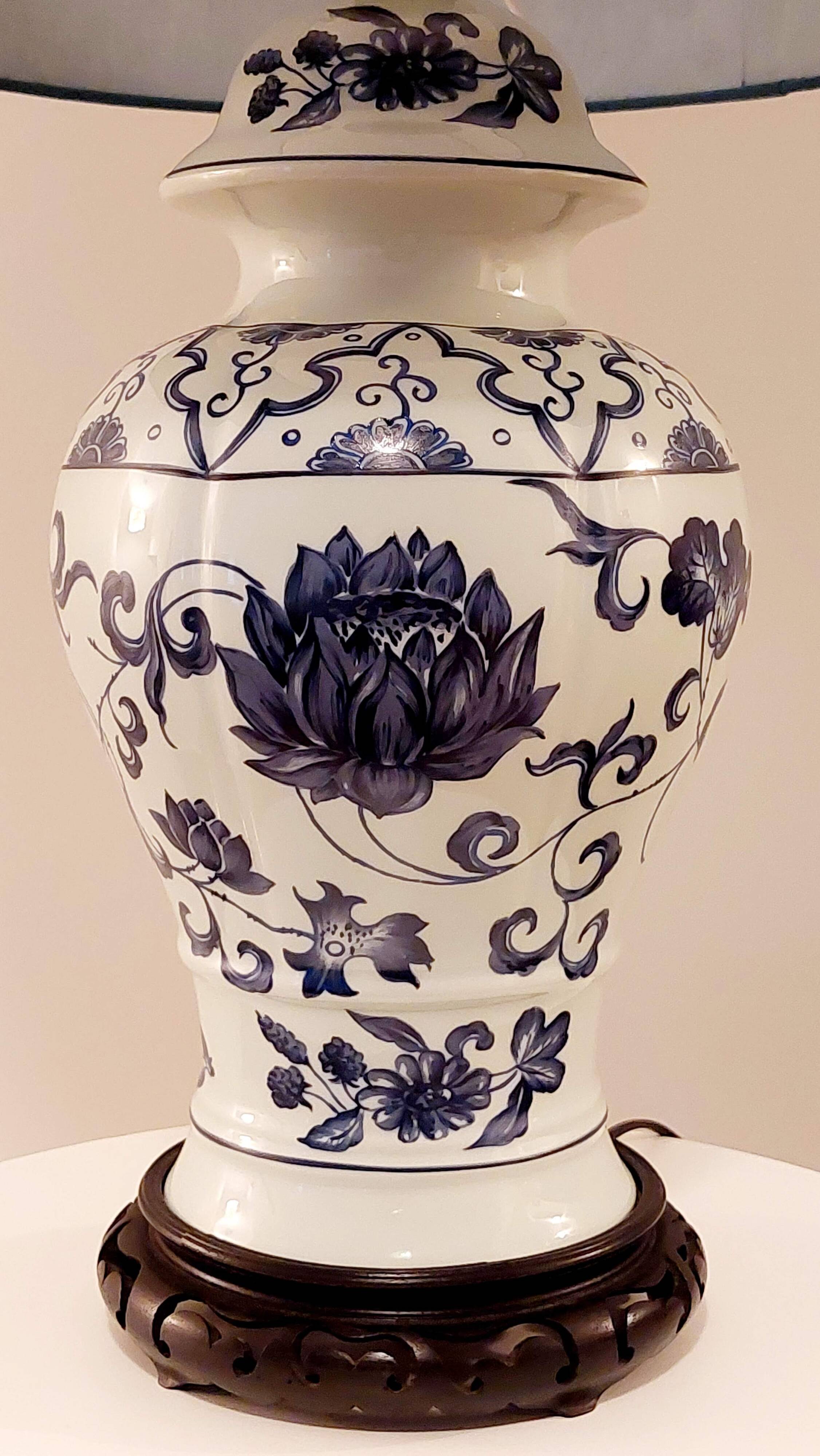 Hand-painted blue and white Paris porcelain lamp, circa 1980