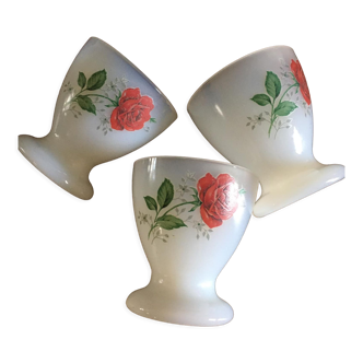 3 Arcopal egg cups “red rose” pattern