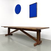 Refectory table in solid pine and beech, with X-shaped legs.