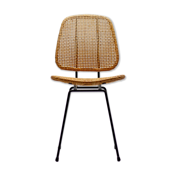 Chaise d'accent noire italienne élégante avec un pied et du rotin, 1950.