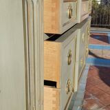 Louis XVI style patinated chest of drawers with 3 drawers.