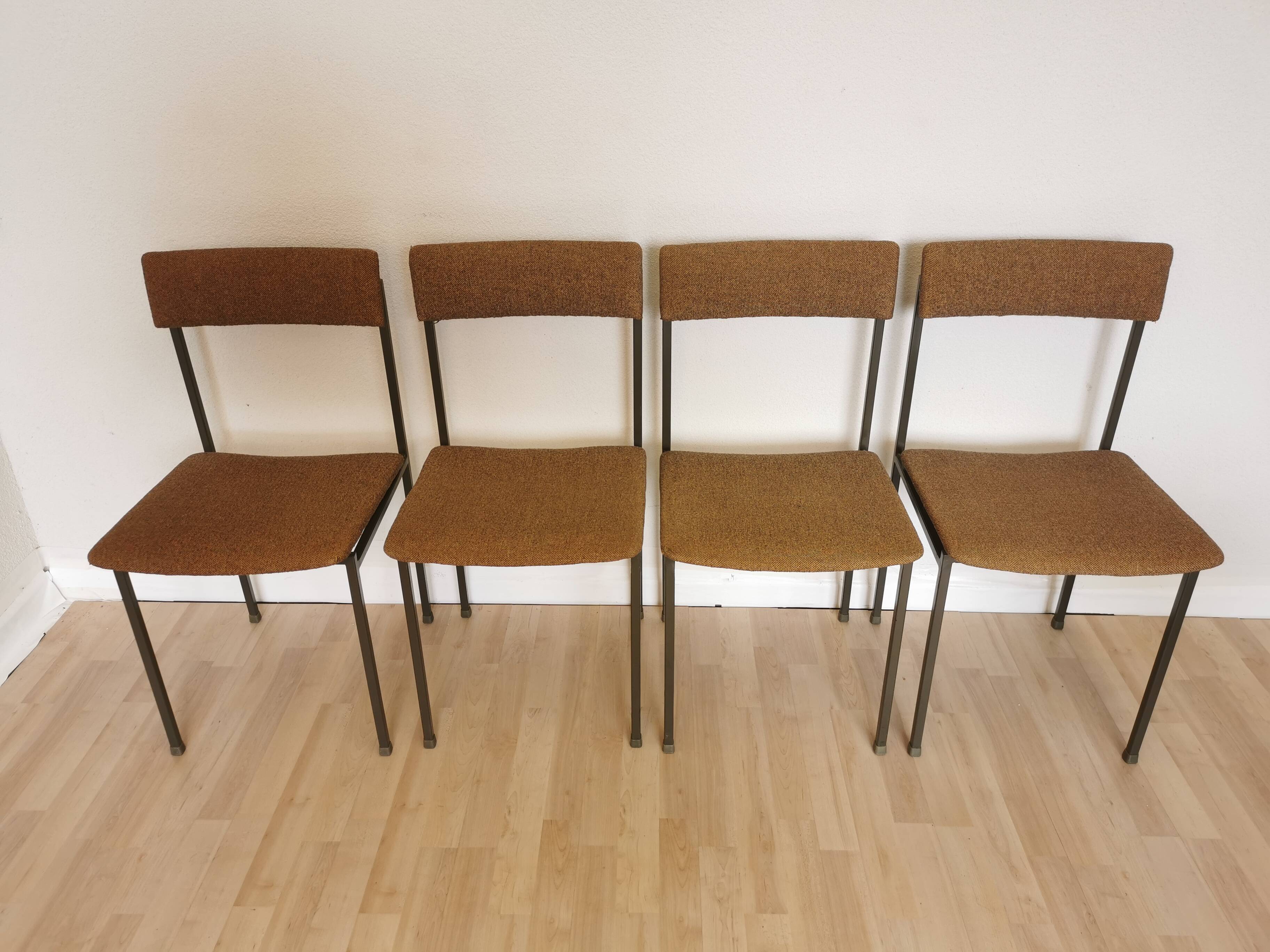 Set of 4 Vintage Industrial School Chairs: Brown Fabric, Black Metal Base