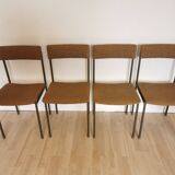 Set of 4 Vintage Industrial School Chairs: Brown Fabric, Black Metal Base