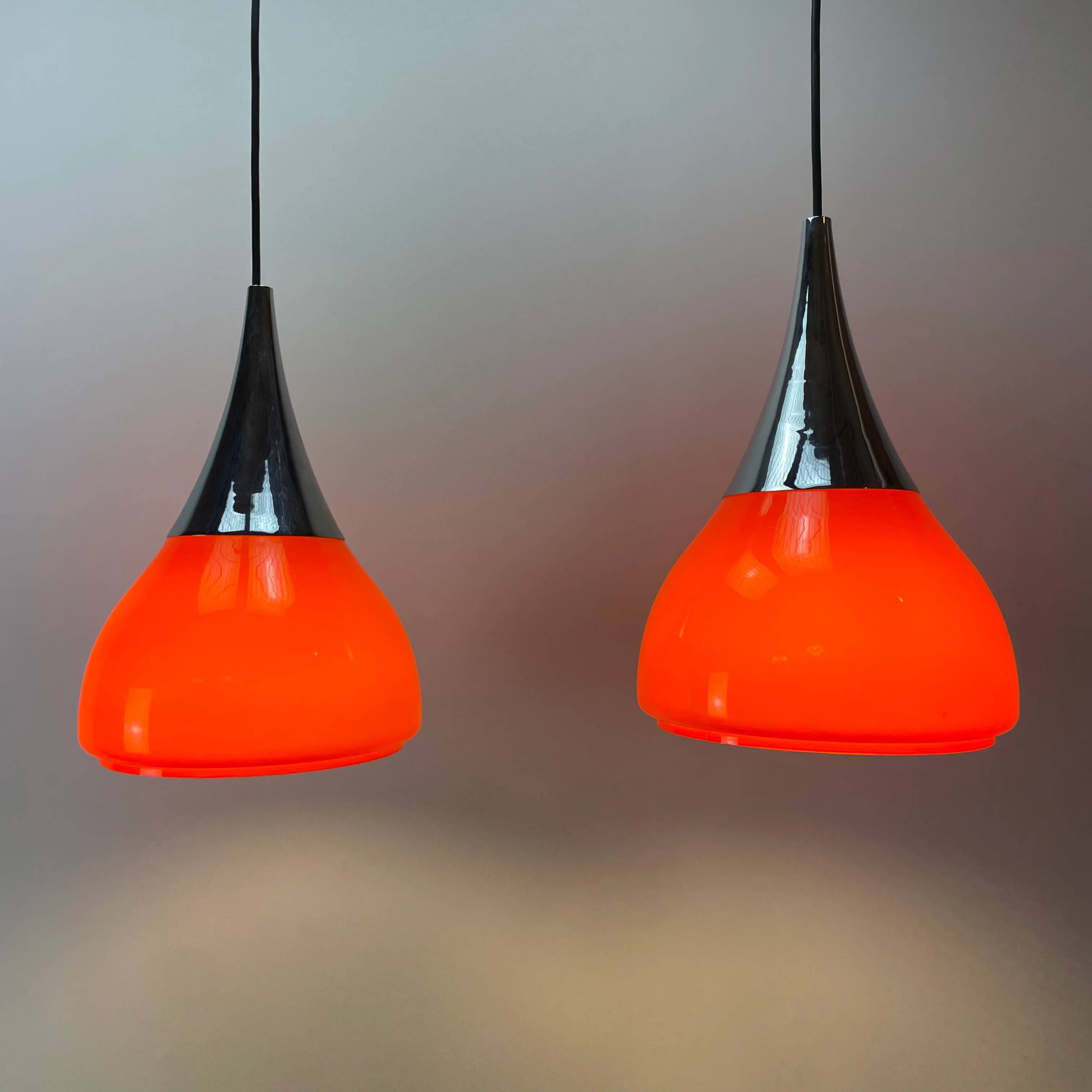 Pair of tulip-shaped glass pendants by Doria Leuchten 1970