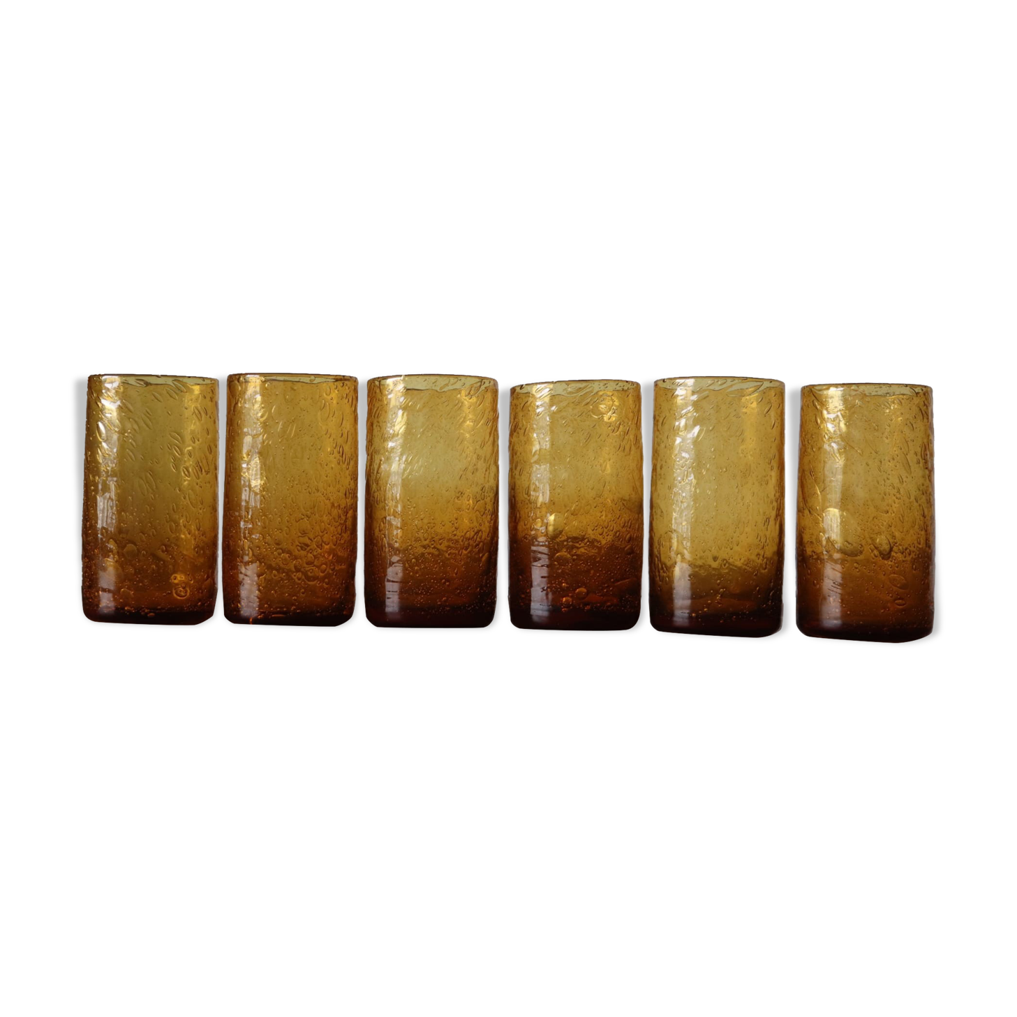 Set of 6 amber, blown and bubbled Biot glasses