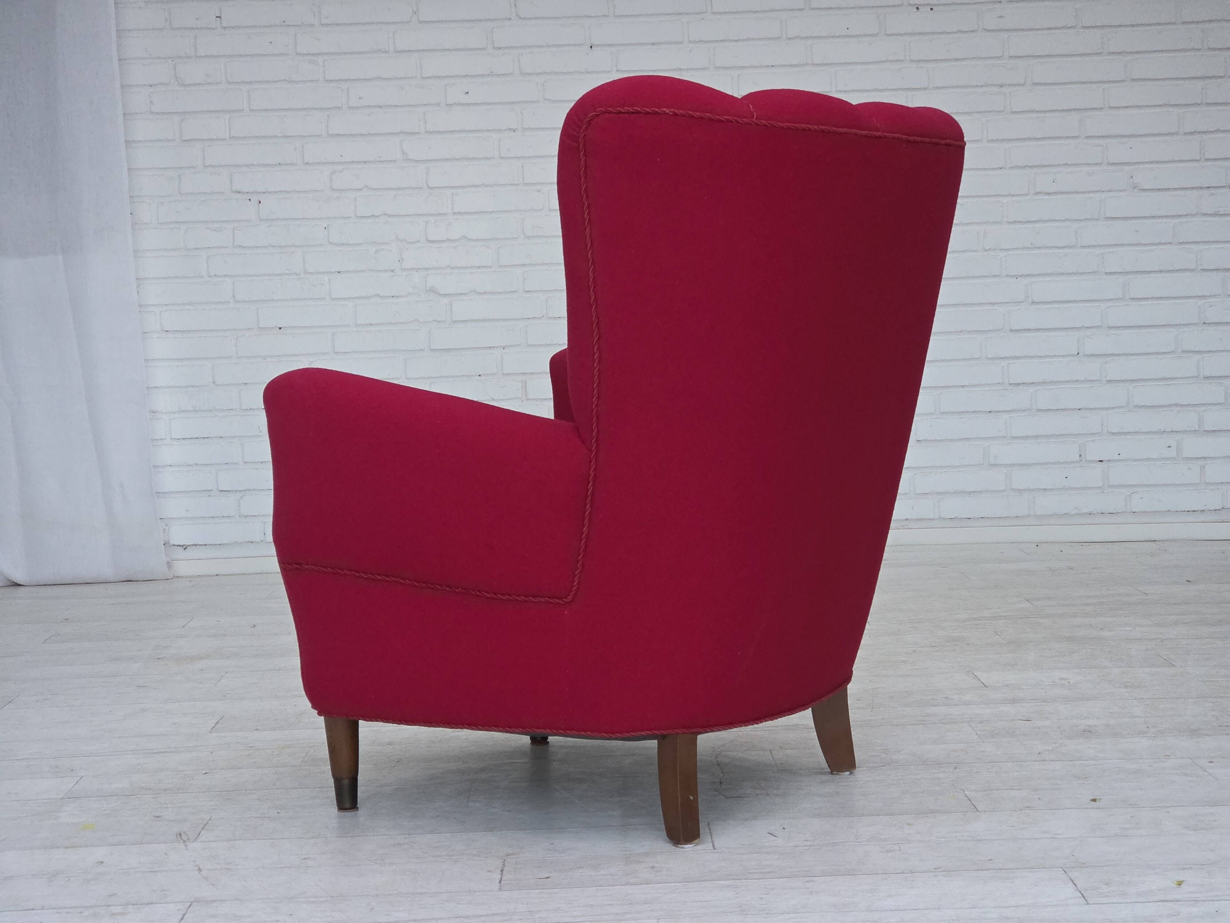 1960s, Danish armchair, furniture wool, beech wood logs.