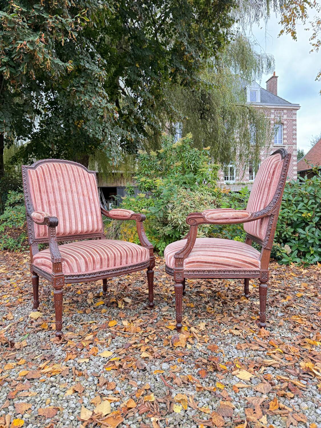 Pair of Louis XVI Style Mahogany Flat Back Armchairs, 19th Century