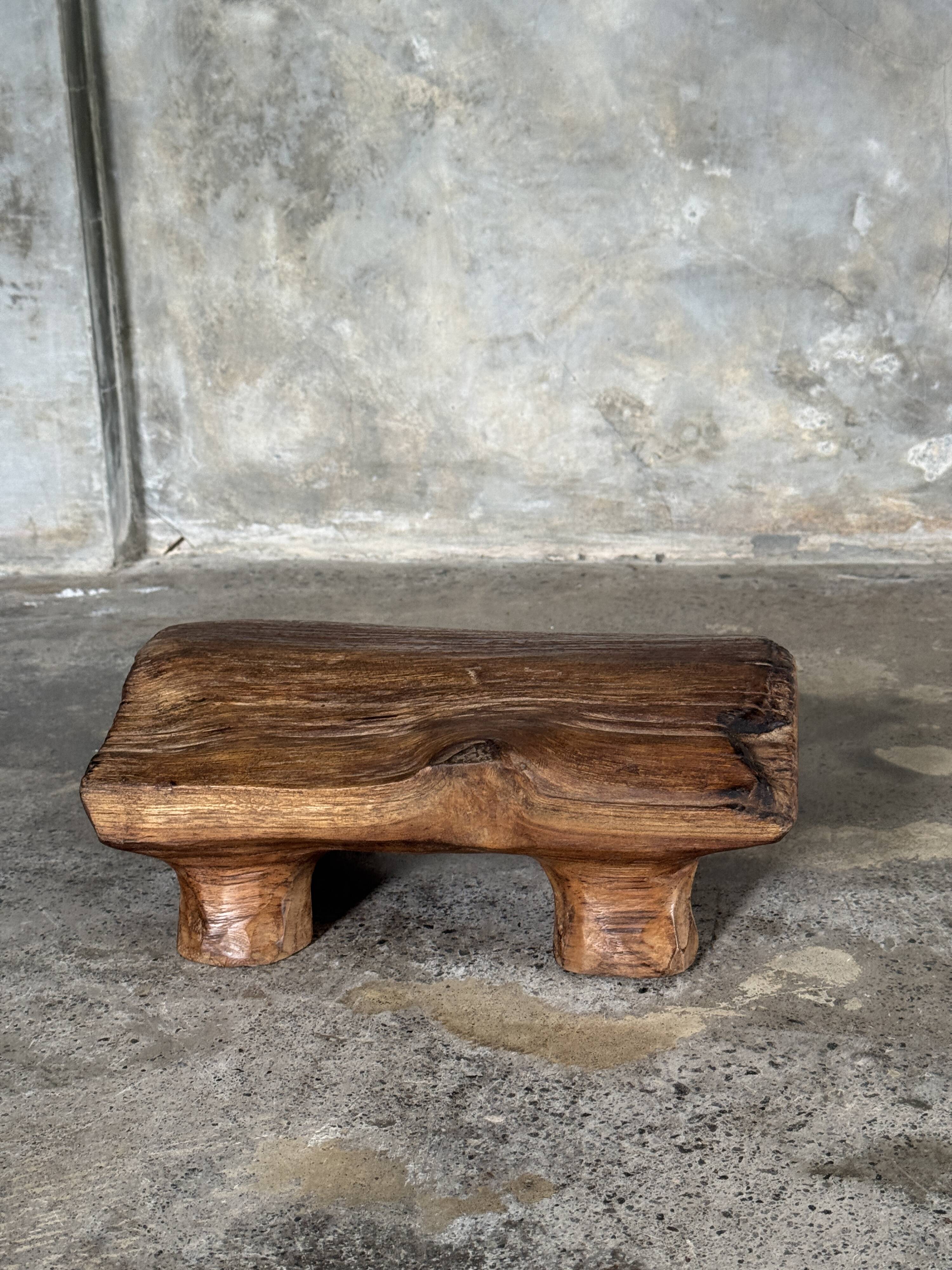 Small stool, footrest in organic blond teak monoxyle wabi-sabi L31