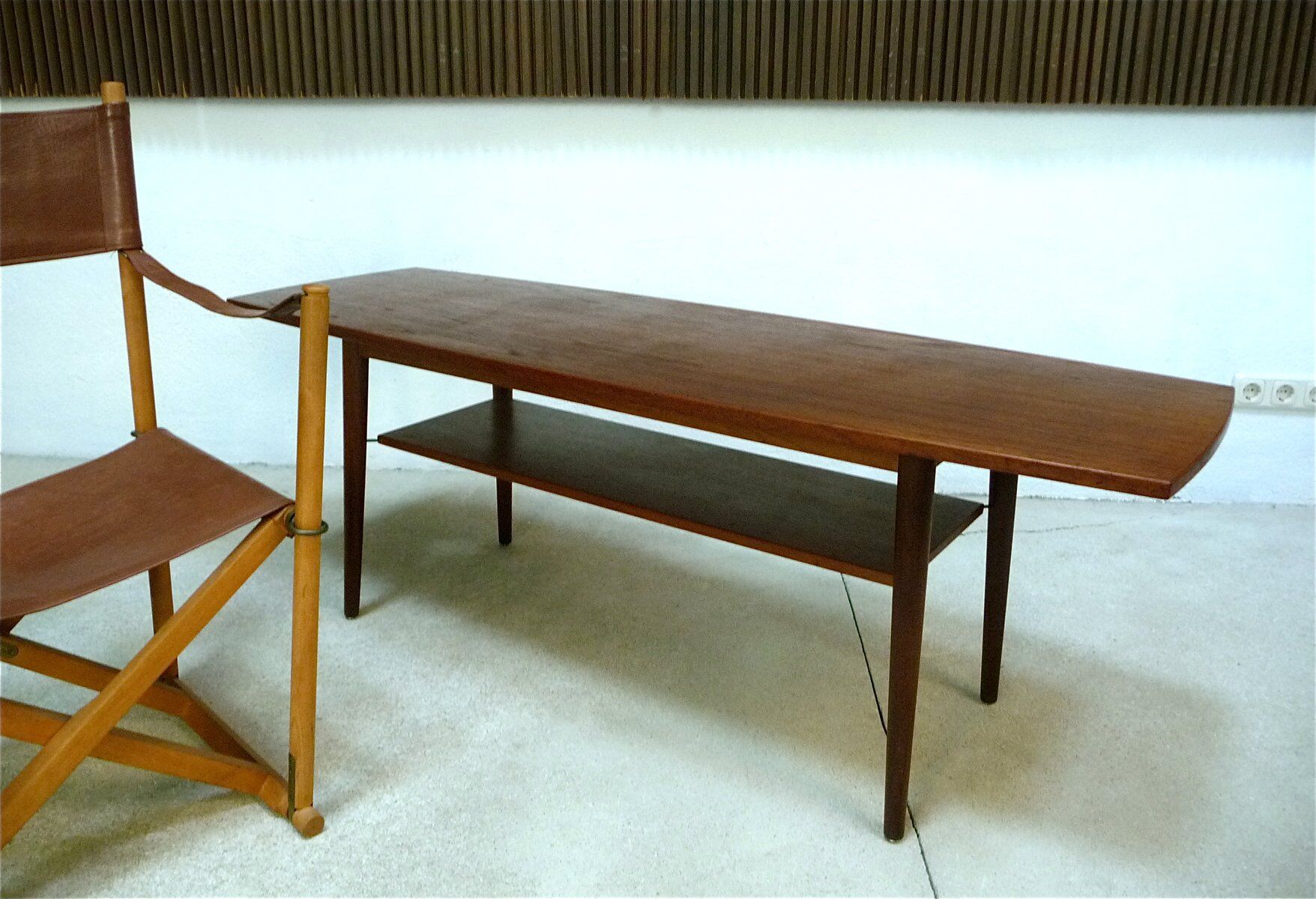 Curved Danish teak coffee table with additional shelf compartment, 1960s