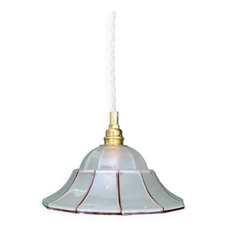 Suspension abat-jour en verre dépoli rayé rouge