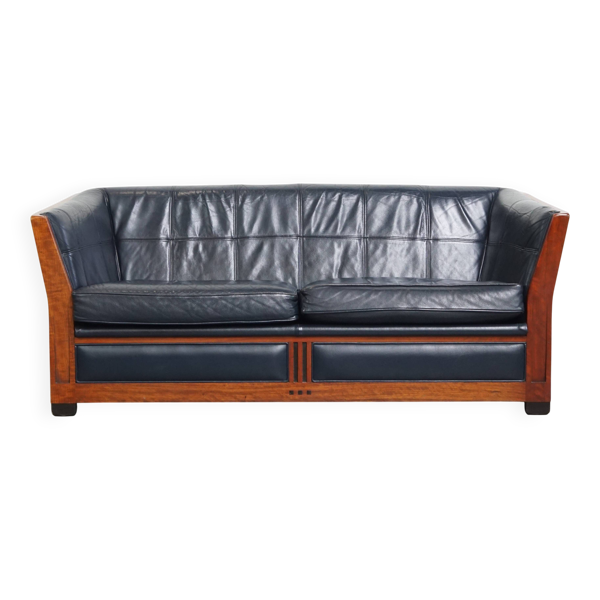 Canapé Art Déco 2,5 places avec boiseries et cuir de vachette bleu foncé