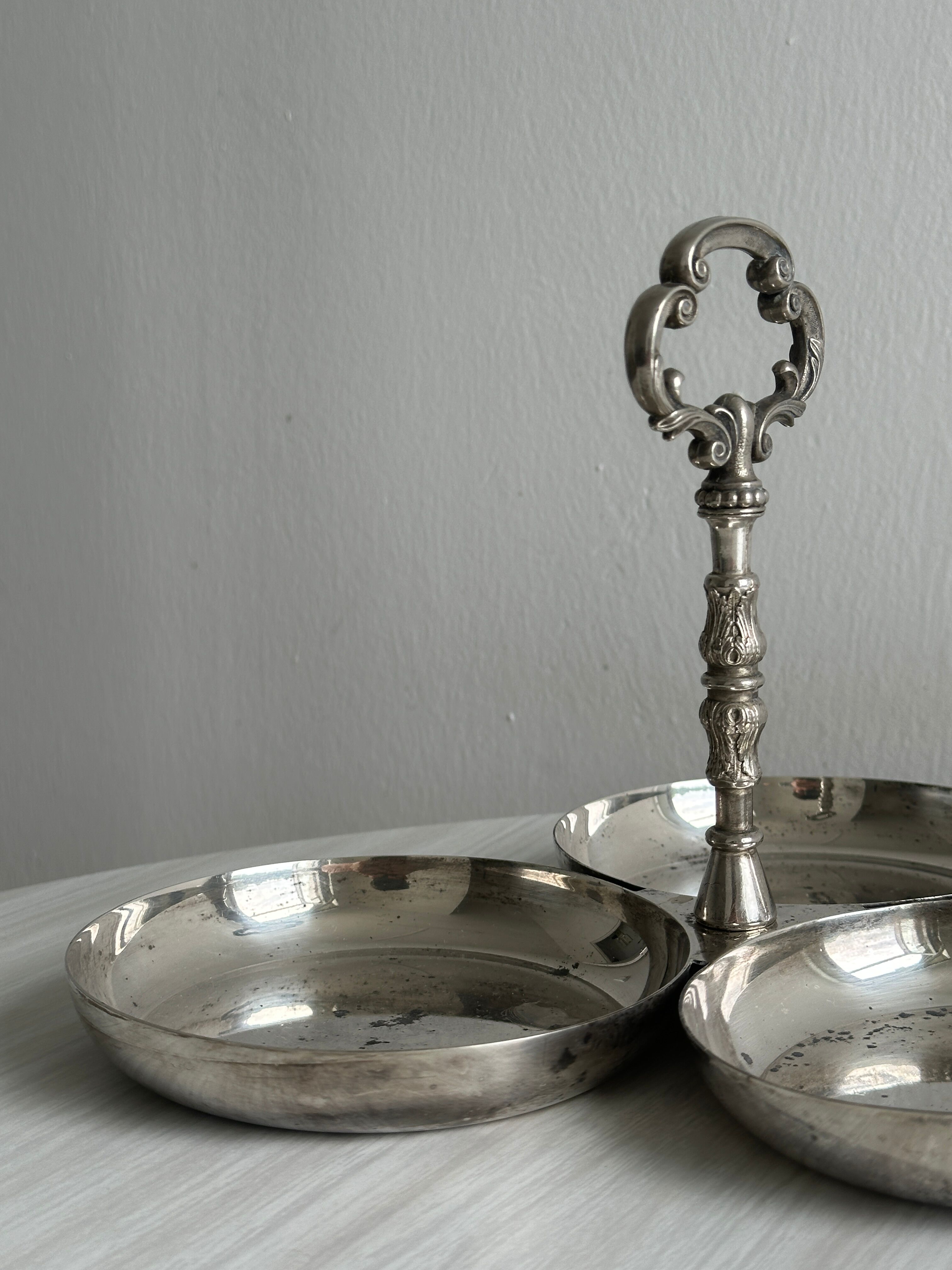 antique tripartite dish with carved handle