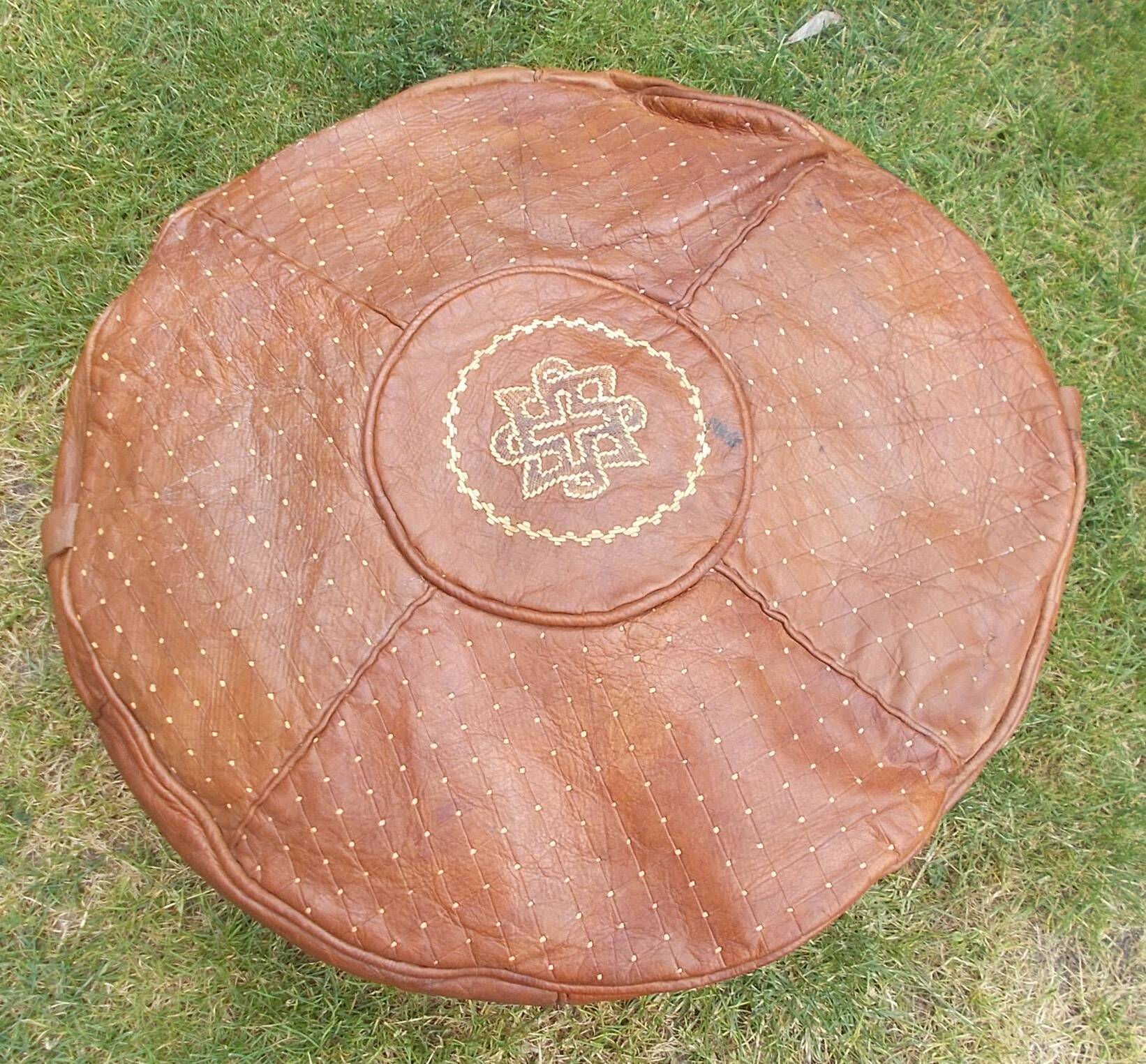 large vintage Moroccan leather pouf