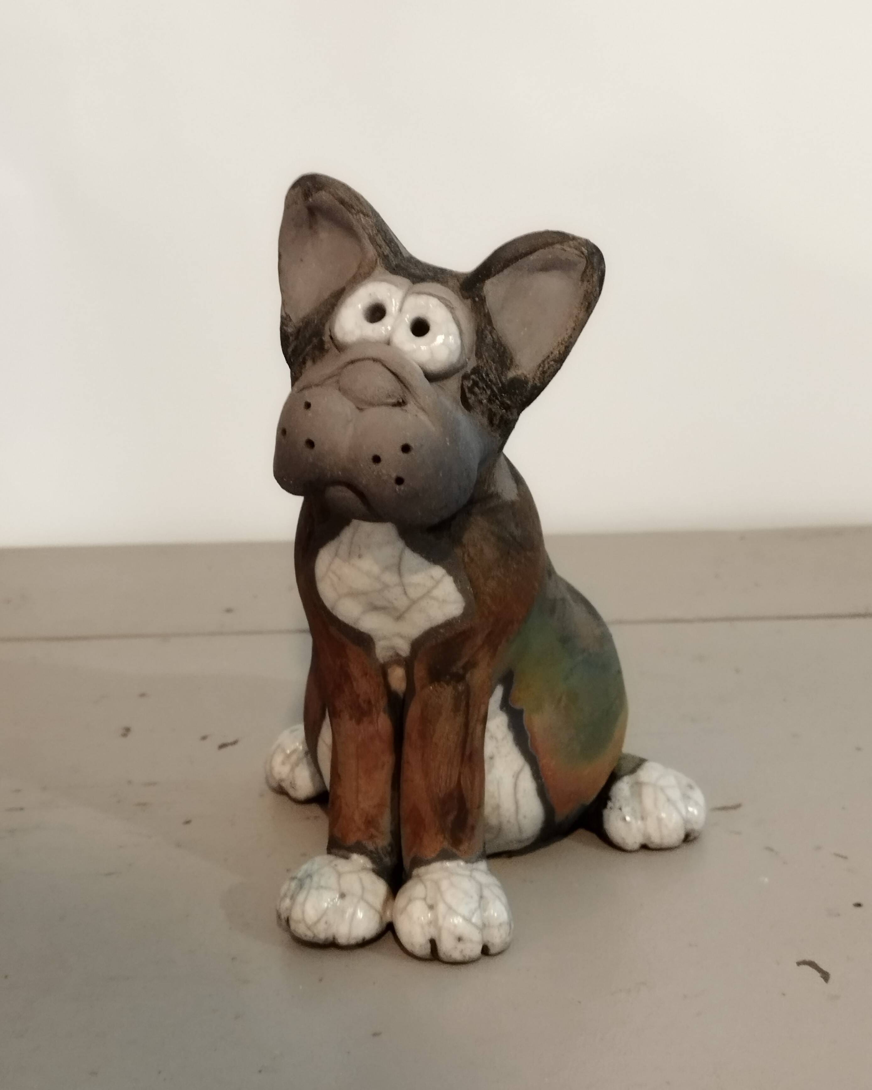 Raku ceramic dog sculpture, unique piece.