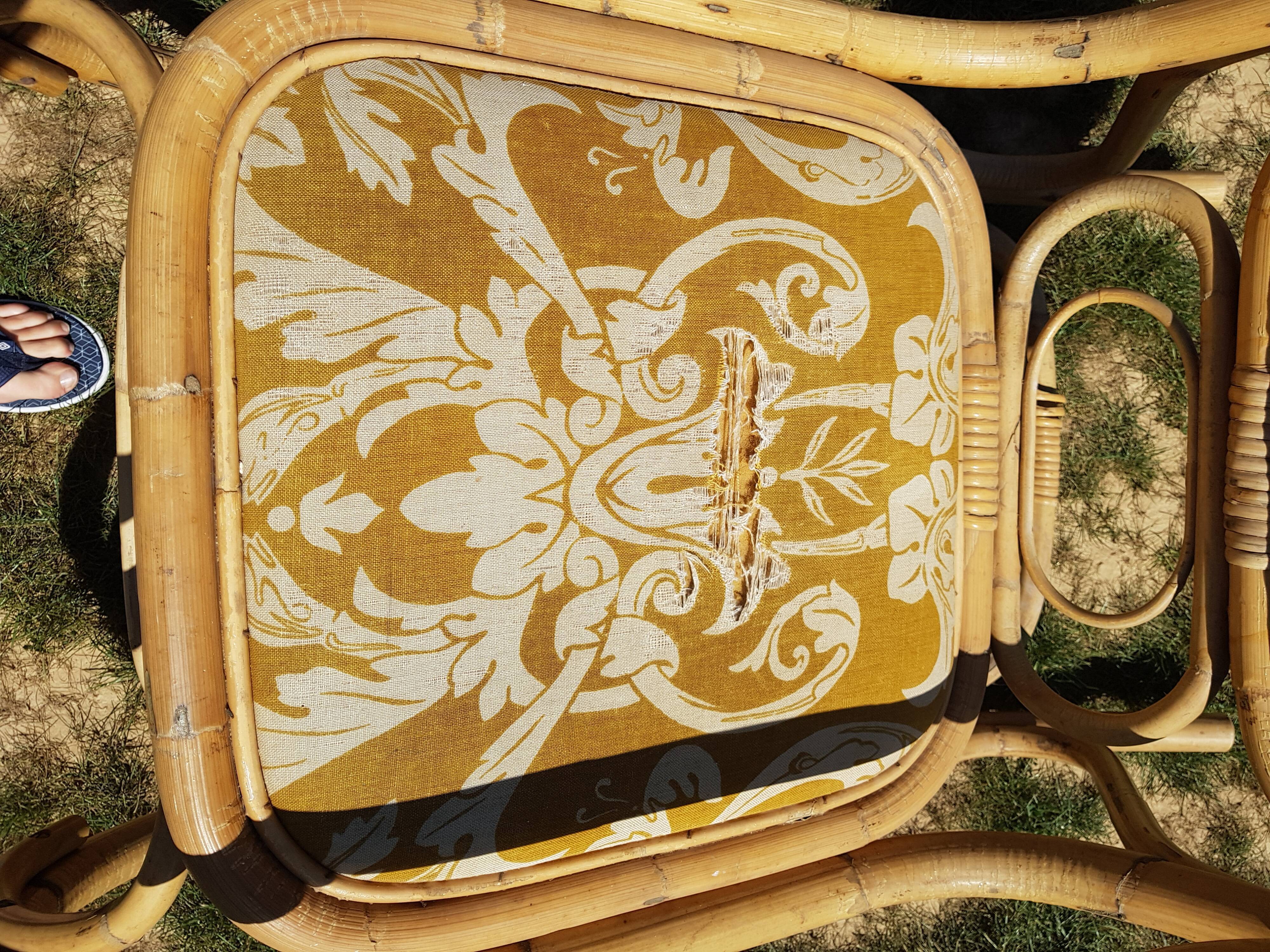 Set of 2 bamboo rocking chairs, yellow fabric with arabesques