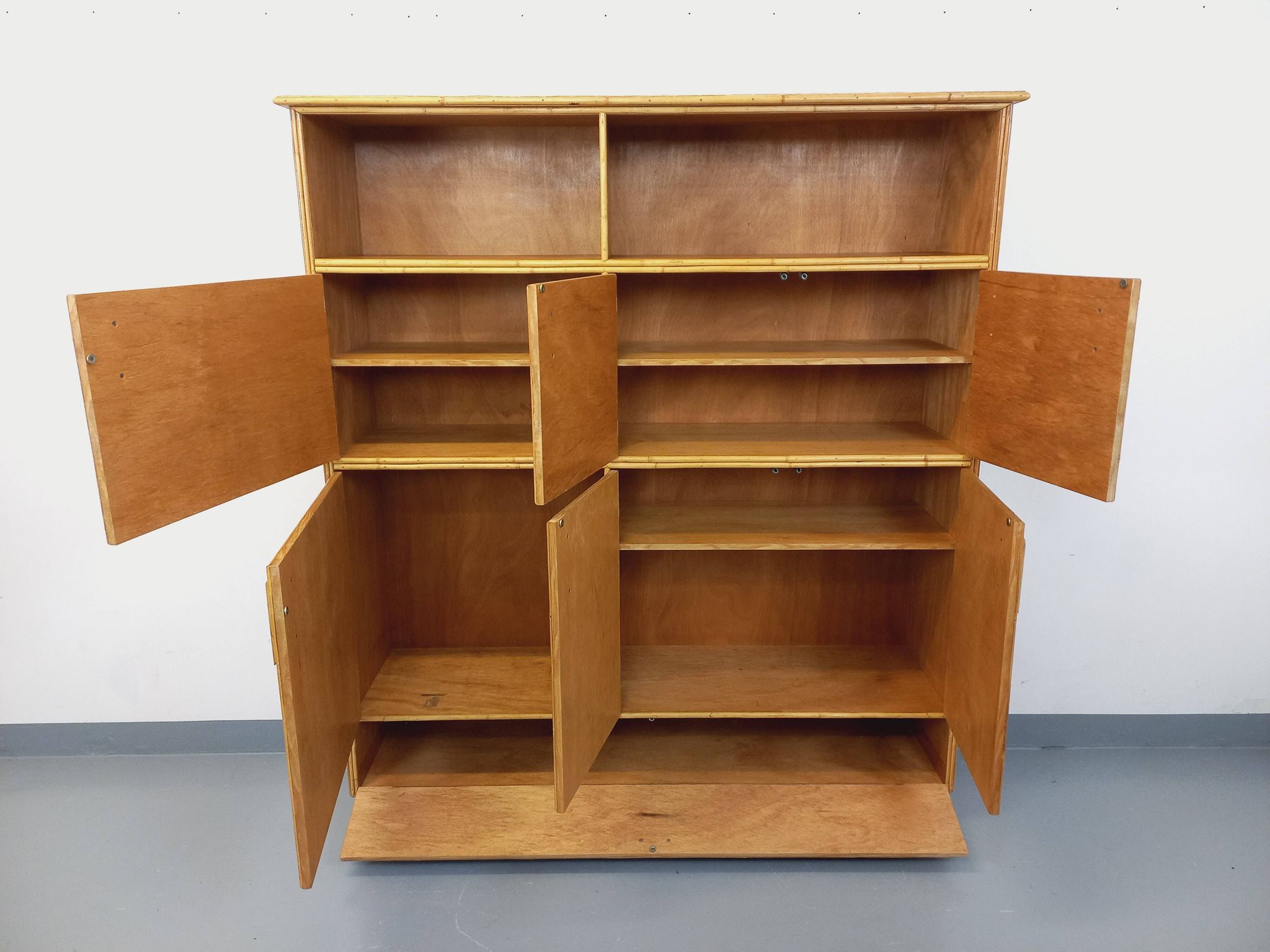 Vintage rattan and light wood storage unit from the 60s