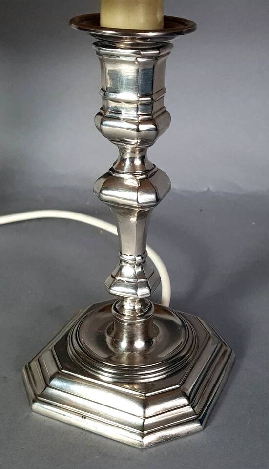 Paire lampes à poser métal argenté flambeaux style Louis XIII Bel état C777