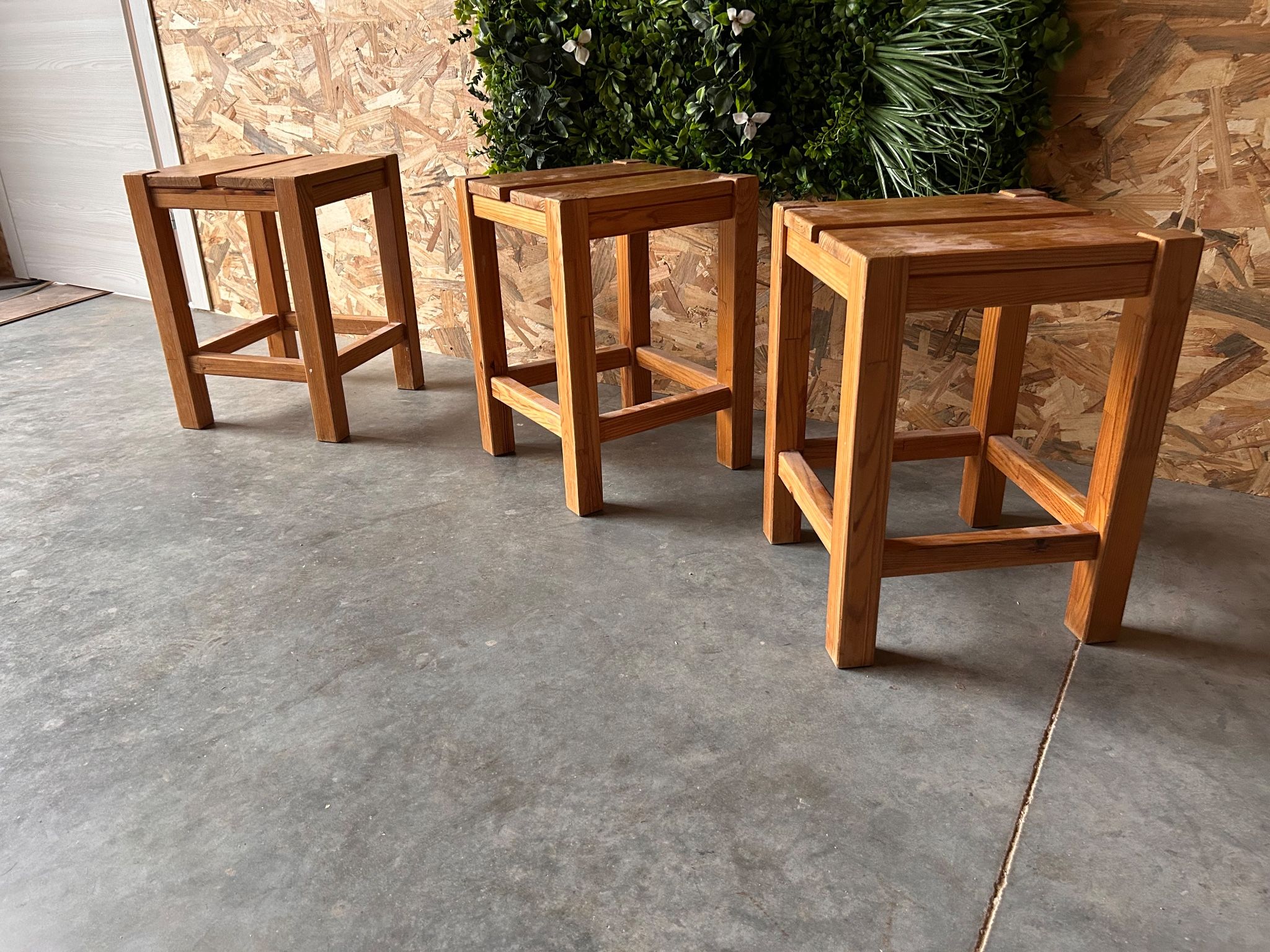 set of 3 stools in the style of the Perriand arches, in rush