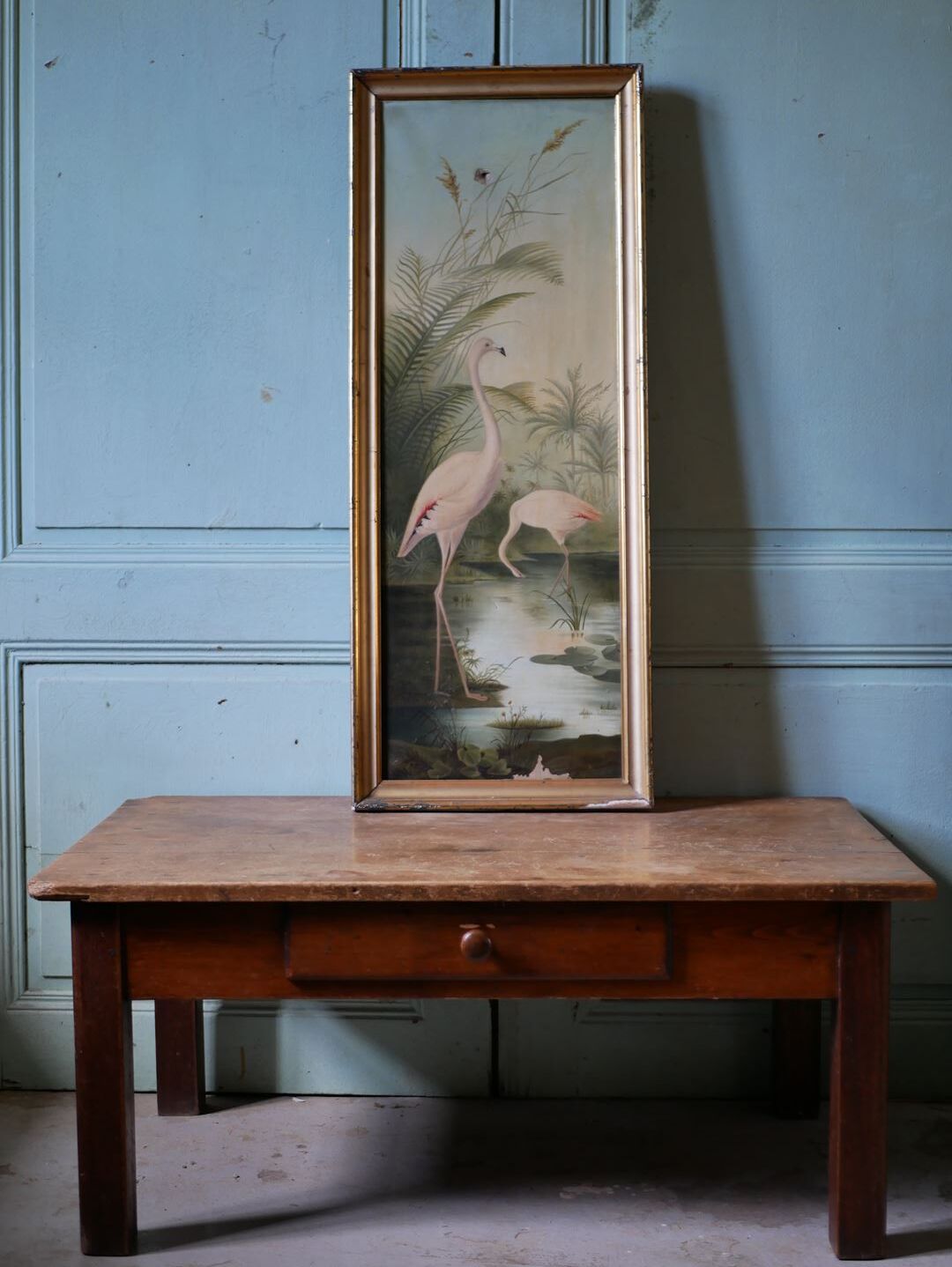 Ancienne huile sur toile encadrée, "Flamands roses"