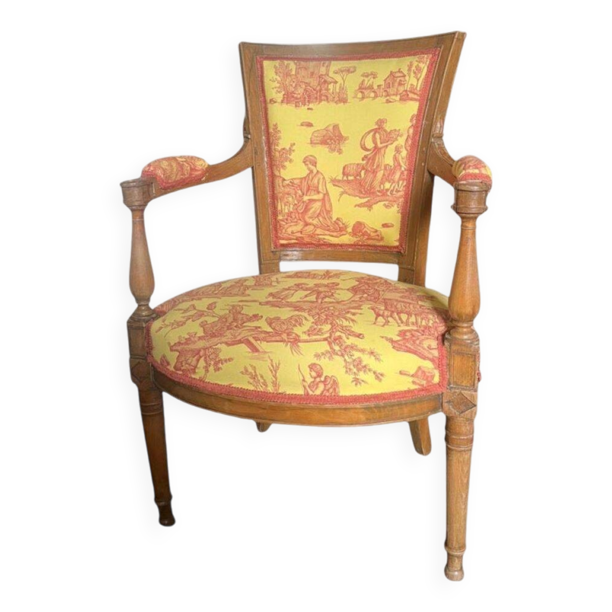 Louis XVI cabriolet armchair - Yellow and pinkish red Toile de Jouy - France