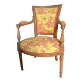 Fauteuil cabriolet style Louis XVI en toile de Jouy jaune et rouge, France