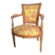 Fauteuil cabriolet style Louis XVI en toile de Jouy jaune et rouge, France