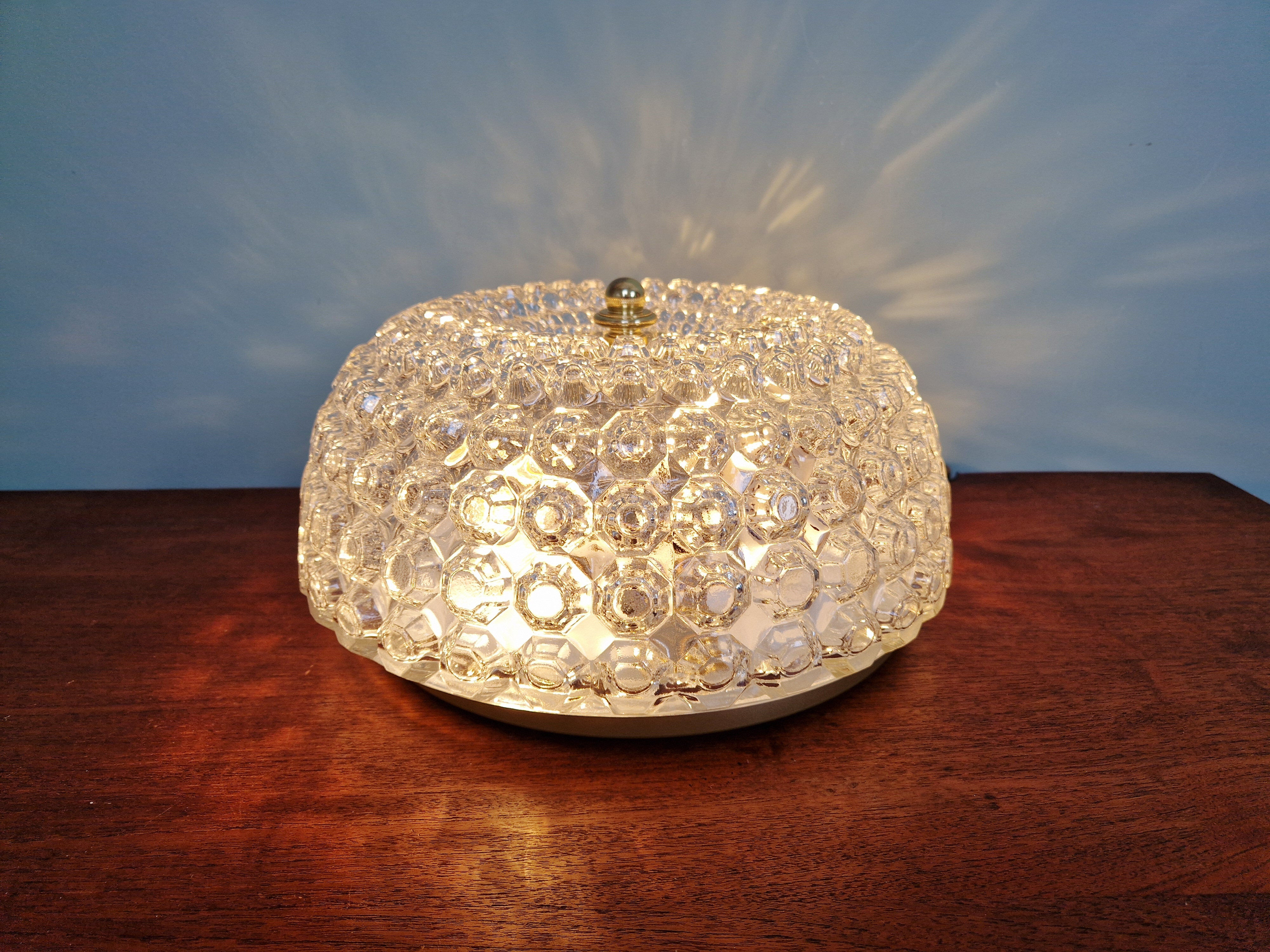 Large honeycomb glass ceiling light and brass, Glasshütte Limburg, 1970