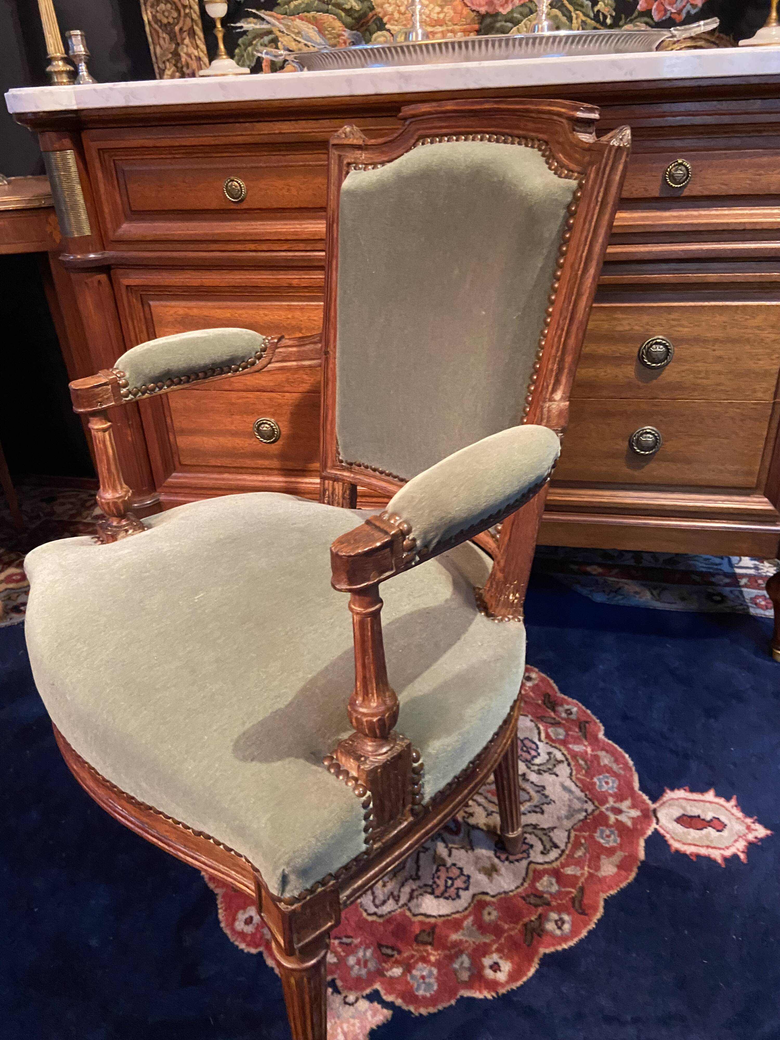 18th century Louis XVI green velvet cabriolet armchair