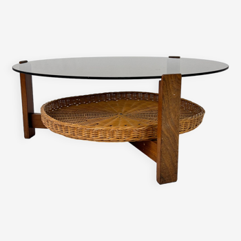 Vintage Teak Coffee Table with Rattan and Glass, 1960s