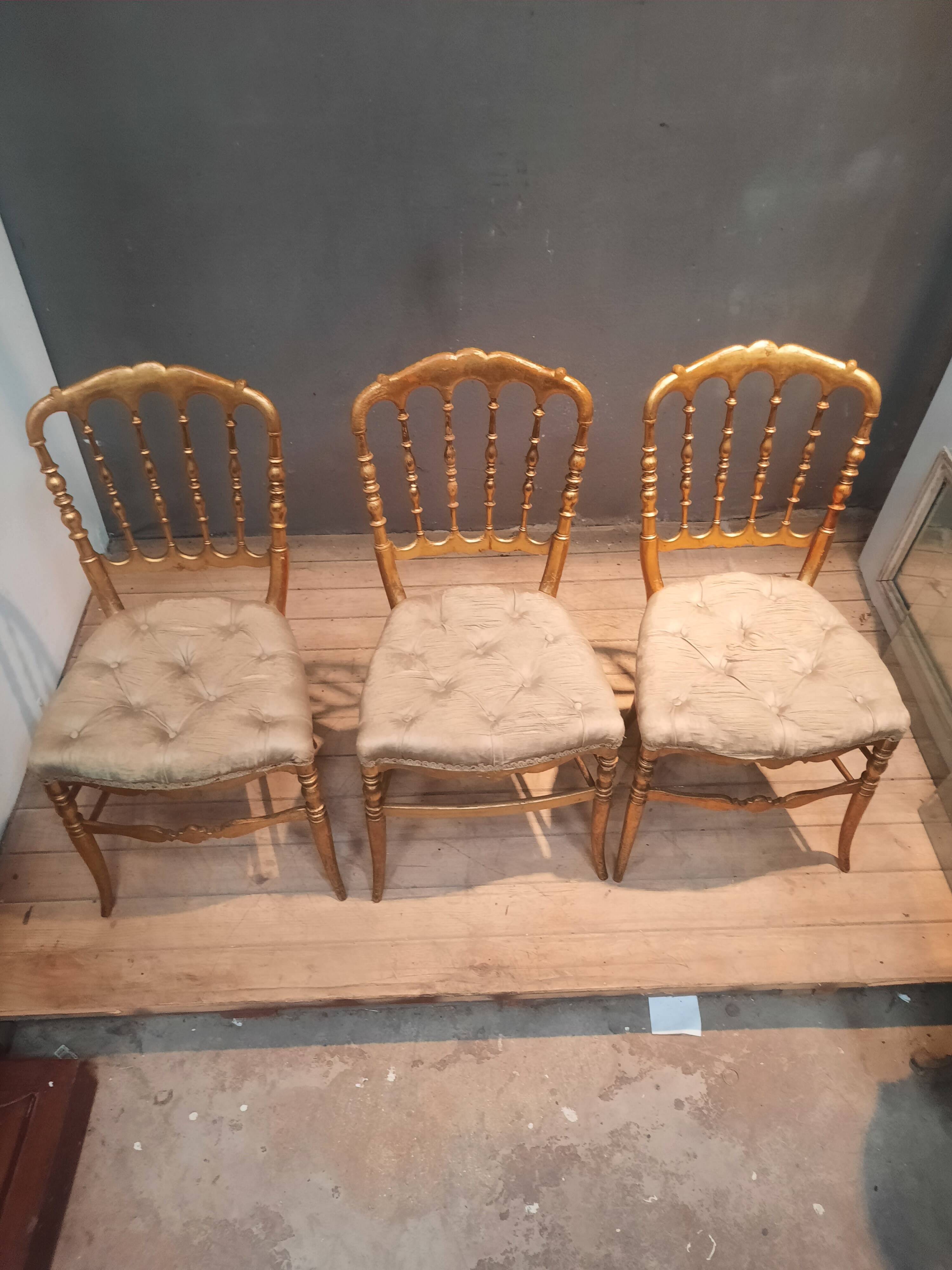 Set of 3 Napoleon III chairs in gilded wood