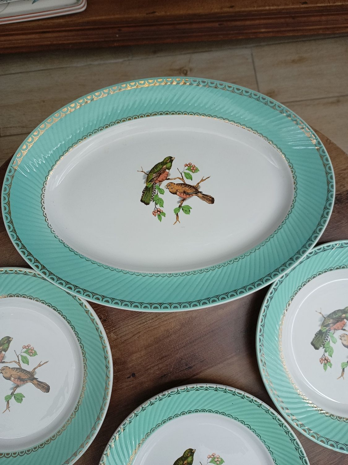 Lot 1 large oval dish and 3 bird plates Green background