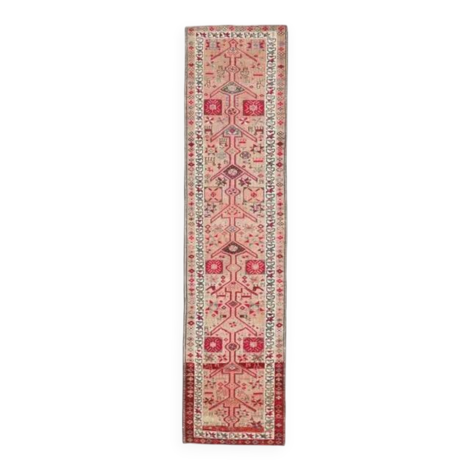 1970s Vintage Turkish Hand-Knotted Wool Cotton Beige Runner Rug 80x348