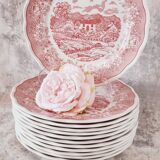 12 assiettes plates en porcelaine de fontebasso made in italy style "toile de jouy" en rose